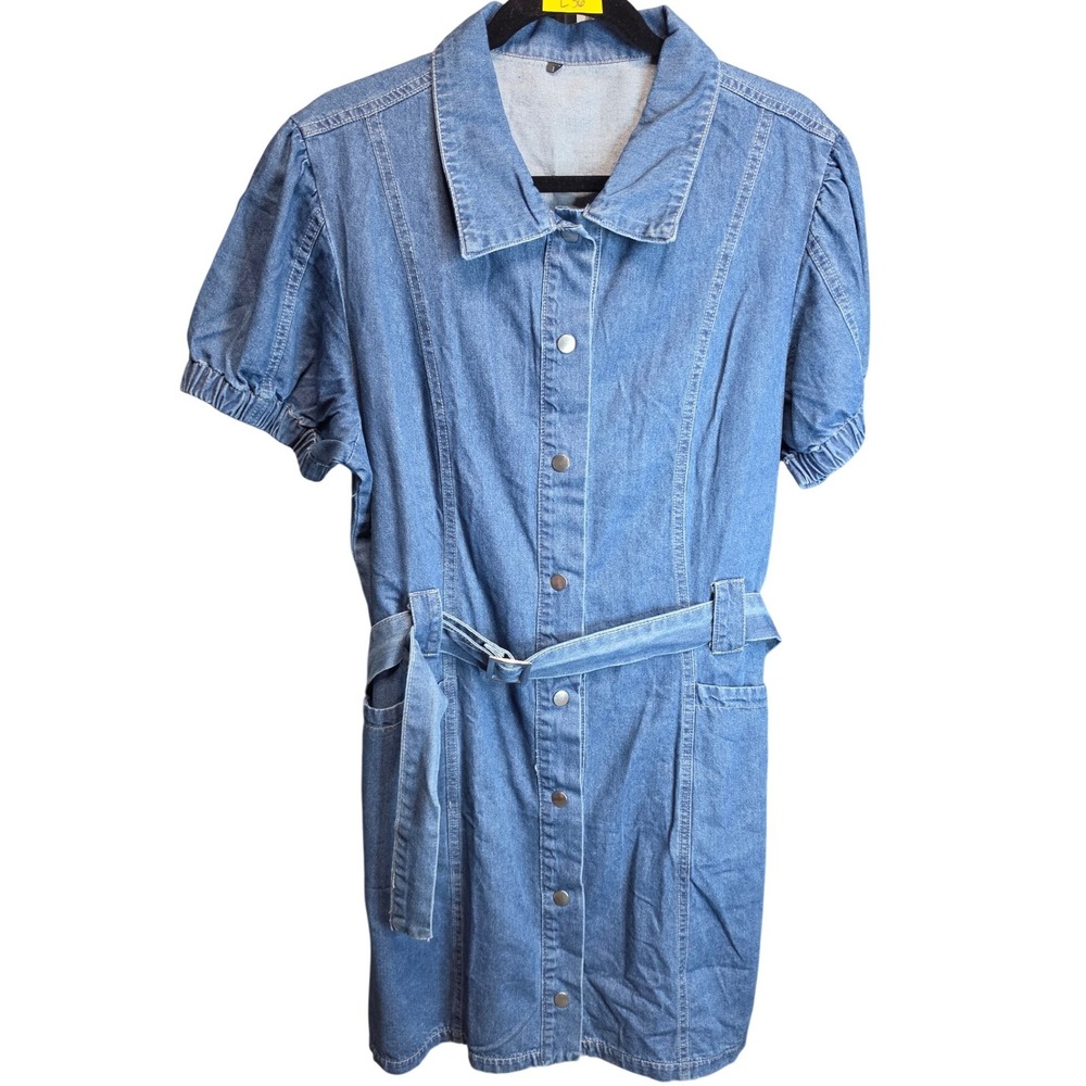 Blue Denim Short Puff Sleeve Snap Front Belted Shirt Dress Large L - Picture 2 of 5